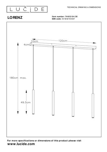 Lucide LORENZ - Pendelleuchten - LED Dim. - 4x4W 3000K - Schwarz - TECHNISCH